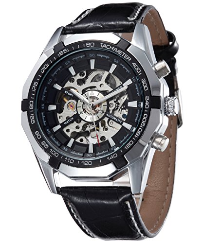 Vintage Round Skeleton Dial leather Band Self Wind Up Mens Mechanical Wrist Watch Black face