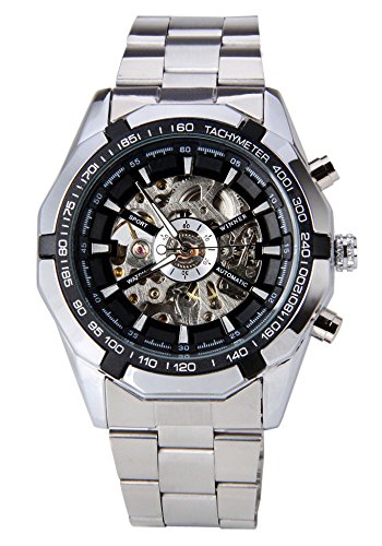 Vintage Round Skeleton Dial Stainless Steel Band Self Wind Up Mens Mechanical Wrist Watch