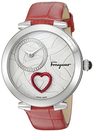 Salvatore Ferragamo Cuore Damen Quarz Patentierte Uhr mit silberner Beschaffenheit Vorwahlknopf Satz mit rotem schlagendem Herzen und rotem ledernem Buegel FE2980016