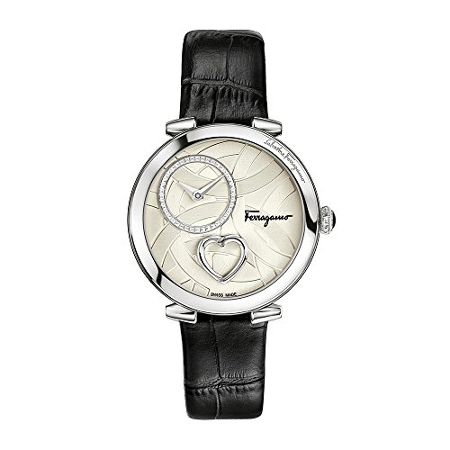 Salvatore Ferragamo Cuore Damen Quarz Patentierte Uhr mit silbernem Textur Zifferblatt mit Herz und schwarzem Lederband FE2990016
