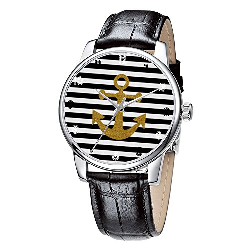 Topgraph Armbanduhr Damen Casual Design Leder quarz analoge Schwarz golden Anchor
