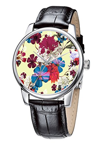 Topgraph Uhren Herren Damen Unisex Armbanduhr Elegant Uhr Leder Blumen Entwurf Breite des Armbands 14mm