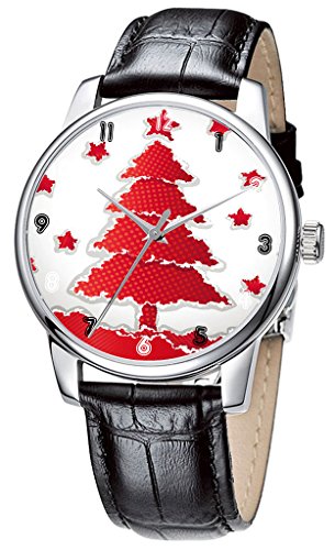 Topgraph Armbanduhr Damen Casual Design Leder quarz analoge Schwarz Nette Red Christmas Breite des Armbands 14mm