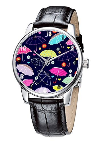 Topgraph Damen Laessig Armbanduhr Quarzuhr aus Leichtmetall Lederarmband Niedliche Cartoon Muster Breite des Armbands 14mm