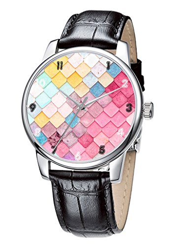 Topgraph Damen Laessig Armbanduhr Quarzuhr aus Leichtmetall Lederarmband Girly rosa Muster Breite des Armbands 20mm