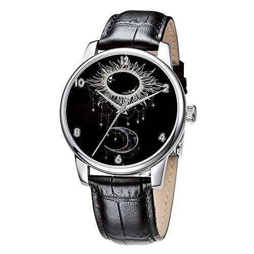 Topgraph Armbanduhr Damen Leder Schwarz Vintage Design Sonne und Mond