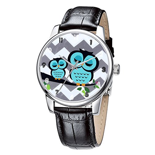 Topgraph Armbanduhr Damen Leder Schwarz Vintage Design Zwei reizende nette Tiere