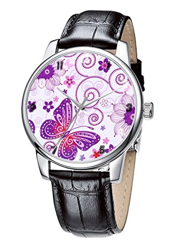 Topgraph Elegant Schwarz Analoge Uhr Watch Schoene Schmetterlings Muster Breite des Armbands 20mm