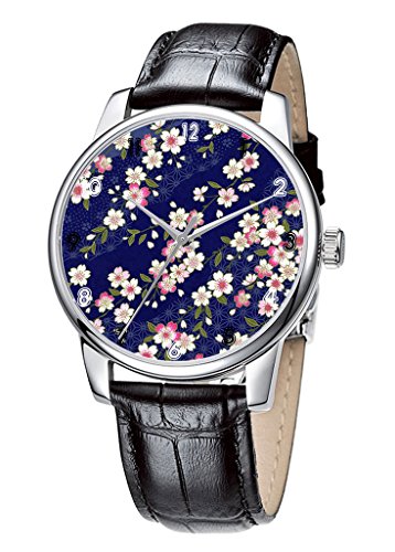 Topgraph Elegant Schwarz Analoge Uhr Watch Schoene Blumen Breite des Armbands 20mm