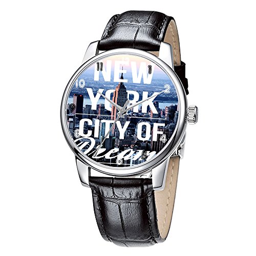 Topgraph Uhren Damen Lederarmband Analog Qaurzuhr Armbanduhr New York die Stadt der Traeume