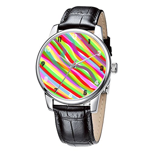 Topgraph Uhren Damen Lederarmband Armbanduhr Analog Qaurzuhr Chromatische Streifen