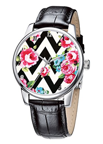 Topgraph Uhren Damen Lederarmband Analog Qaurzuhr Armbanduhr Rote Blume Breite des Armbands 14mm