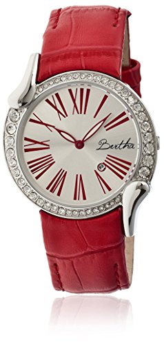 Bertha Leder Damen Silber Uhr Olive Riemen Zifferblatt Rot