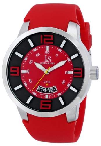 Joshua & Sons Herren silberfarbenes Uhr mit Rot Silikon Band