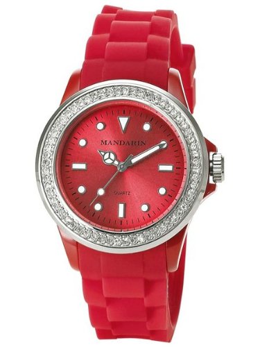 MANDARIN Armbanduhr moderne mit Silikonband Glitzersteine Farbe Rot