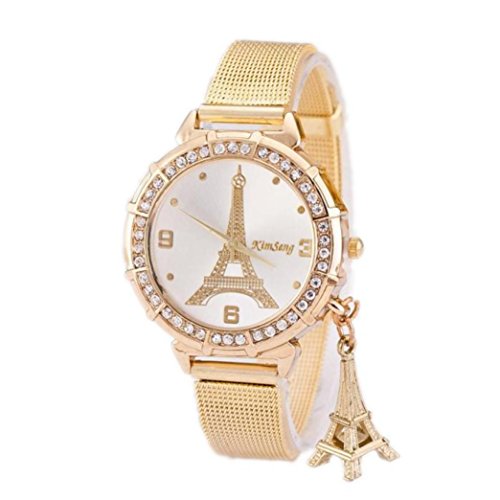 Womens Watches Gold Strap Xjp Casual Stainless Steel Mesh Band Wristwatch with Tower Decoration
