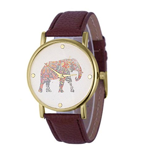 Womens Watches Brown Xjp Fashion and Casual Quartz Wristwatch Leather Strap with Elephant Printing Pattern