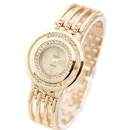 Xjp Fashion Womens Watches Bracelet Analog Quartz Rhinestone Wristwatch with Alloy Band Golden