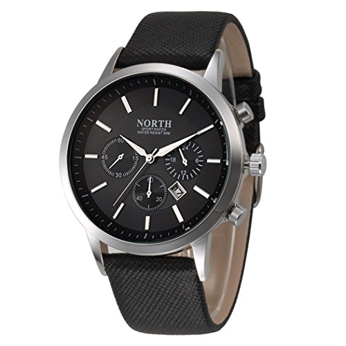 Mens Watch Sports Xjp Fashion Casual Analog Quartz Calendar Wristwatch with Leather Band Black