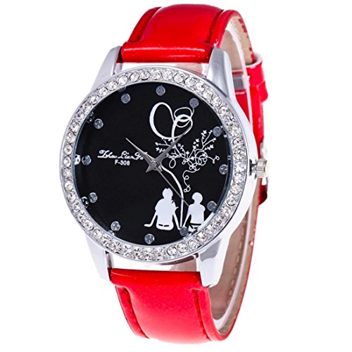 Xjp Casual Watches Analog Quartz Rhinestone Wristwatch with PU Leather Band for Lovers Red