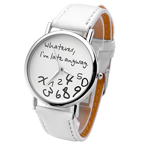 JSDDE Uhren Vintage Damenmode Whatever Im late anyway Graviert Illusion Quarzuhr Armbanduhr Weiss