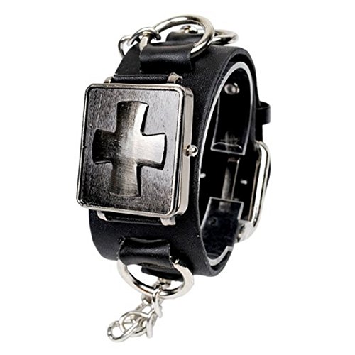 WZC Unisex Punk Style roemischen Kreuz Original Leder Armbanduhr