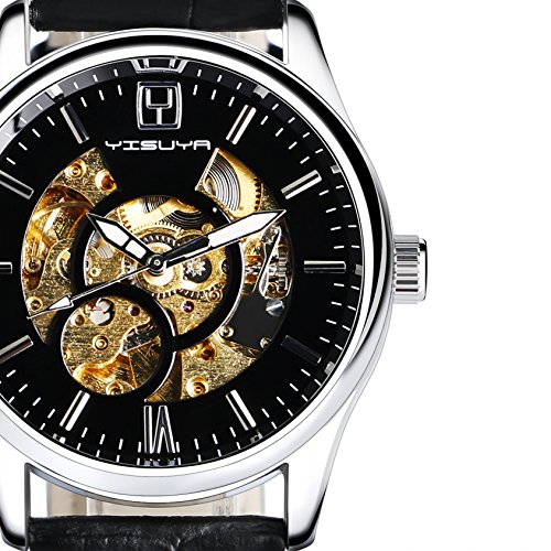 yisuya Herren Schwarz Skelett Automatische Mechanische Uhren aufziehbar mit Band aus echtem Leder Casual Business Steampunk Armbanduhr
