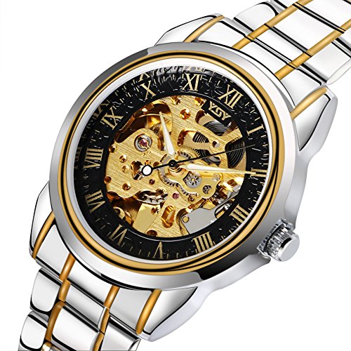 yisuya Herren Business Silber Gold automatischen Mechanische Uhr roemische Zahl Skelett Zifferblatt wasserabweisend Casual Kleid Armbanduhr