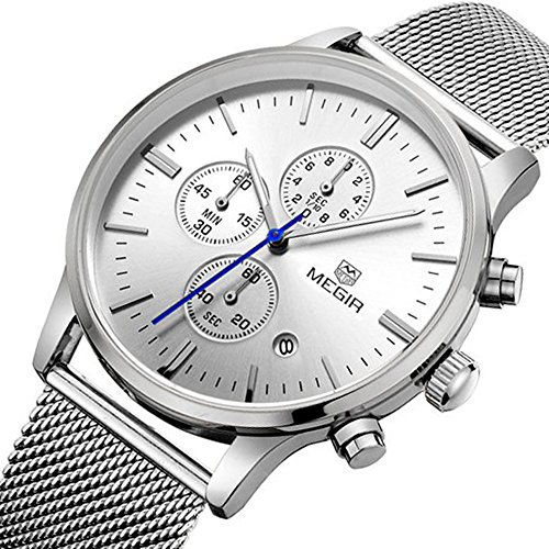 yisuya Herren Silber Chronograph Uhren Fashion Business Datum Sport wasserdicht Edelstahl Mesh Armband Geschenk Box