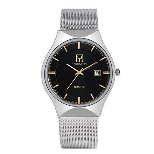 yisuya Fashion Silber Mesh Edelstahl Stilvolle Ultra Thin Quarzuhr Elegante Armbanduhr schwarz