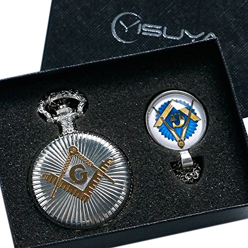 yisuya Silber Golden Masonic Freimaurer Freimaurerei Thema Legierung Quarz Taschenuhr Halskette Anhaenger Schmuck fuer Weihnachten Geschenk Herren Frauen