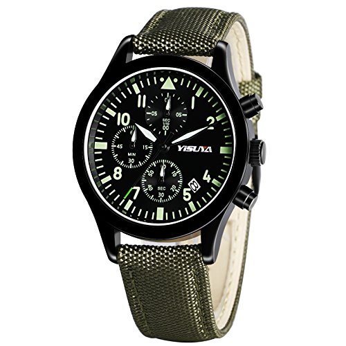 yisuya Luxus Luminous Chronograph fuer Herren Business Leinwand Lederband wasserdicht Stil Sport Uhren Outdoor Militaer Army Gruen
