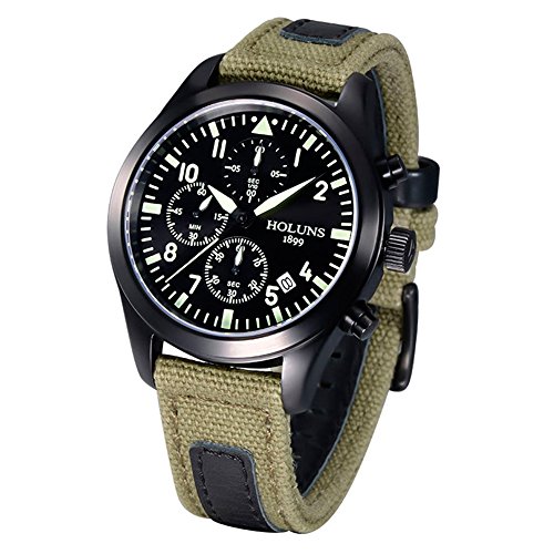 yisuya Militaer Armee Stoppuhr Herren Schwarz Luminous Datum Chronograph Uhren Wasserabweisendes gruen Nylon Leder Armband