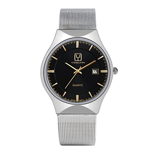 yisuya Herren Schwarz Gold Ultra Thin Datum Display Casual Business Uhren mit Silber Edelstahl Mesh Armband Fashion Frauen Kleid