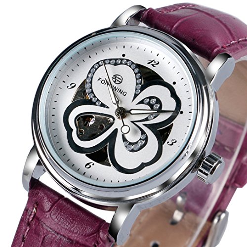 yisuya Damen Clover Skelett self wind Automatische Mechanische Handgelenk Uhren mit Violett Echt Leder Armband Wasser Proof forsining