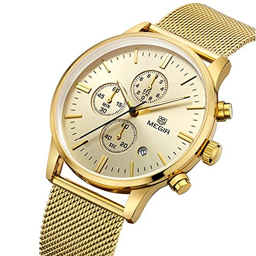 yisuya Herren Casual Sport Stoppuhr Chronograph Datum Display Japanisches Uhrwerk Wasserdicht Golden Mesh Edelstahl Armband megir Uhren