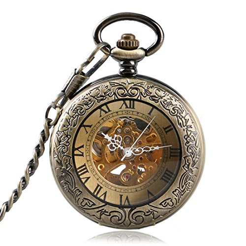 yisuya Bronze Herren Taschenuhr Haelfte Hunter Automatische Mechanische Skelett Uhren mit Kette roemischen Ziffern Weihnachts geschenke