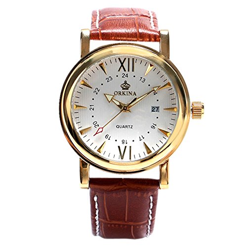 Neue Version yisuya Herren Datum Japanisches Quarz Business Golden Weiss Uhren mit Braun Echtes Leder Band