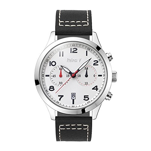 Ryan Collection Edelstahl schwarz Echtleder Aviator Armbanduhr Praezision Chronograph Funktion Japanisches Quarz Uhrwerk von Reina V