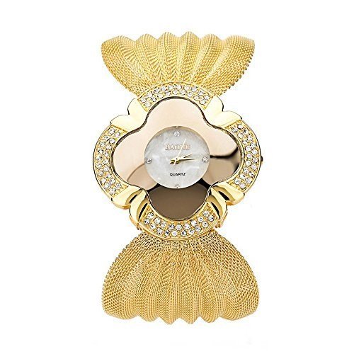 Tauren Damen Diamant Metall Mesh Armband Armbanduhr Kristall Quarz Handgelenk Legierung Fashion Gold Uhren Gold