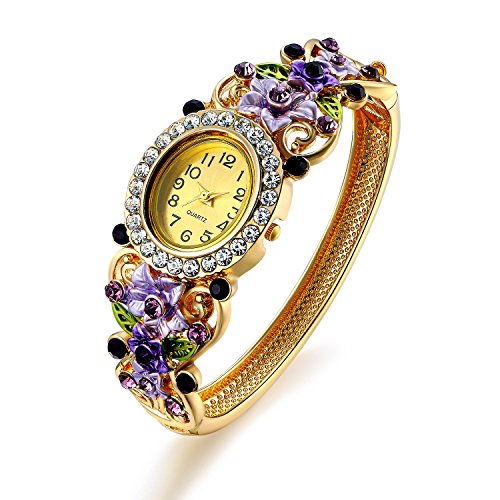 Oven Moda Crystal Bangle Manschette Armband Quarzuhr fuer Frauen Damen Gold plattiert Blume Schmuck Perimeter 20 5cm Purple