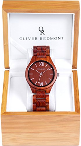 OLIVER REDMONT Holzuhr aus echtem Sandelholz RED EDITION Edle Geschenk Verpackung Naturprodukt Hypoallergen Unisex Holz Armbanduhr fuer Damen und Herren