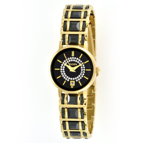 Elgin Damen EG353 Gold Ton Black Ceramic Kristall mit Akzenten Uhr