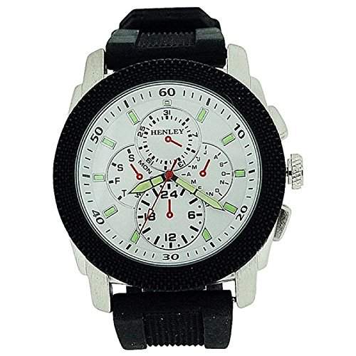 HENLEY Herren Sport-Armbanduhr mit weissem Chrono-Effekt Ziffernblatt uns schwarzem Silikonarmband H020623