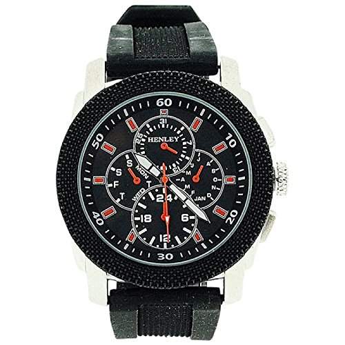 HENLEY Herren Sport-Armbanduhr mit schwarzem Chrono-Effekt Ziffernblatt uns schwarzem Silikonarmband H020628