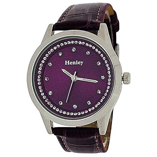 HENLEY Damen Armbanduhr Diamanten besetztes, lilafarbenes Ziffernblatt & PU-Armband mit Kroko-Effekt H0606010