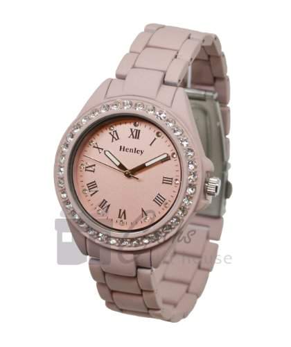 HENLEY Damen Quarzarmbanduhr mit pinkfarbenem Ziffernblatt, Diamant besetzter Luenette & gummiertem Armband H072025