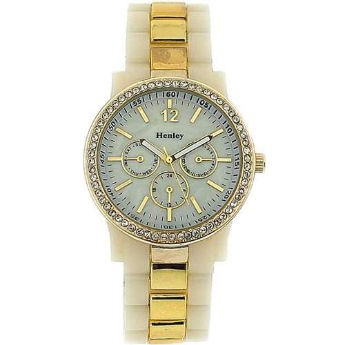 Henley Glamour Damen weisse Armbanduhr mit goldenem Chrono-Stil Zifferblatt H08874G