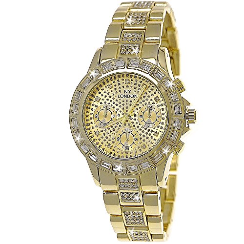 Designer Damen Strass Uhr Chronograph Optik Analog Kristall Gold inkl Uhrenbox