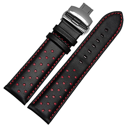 Atmungsaktiv 20 mm schwarz Uhrenarmband weiches Leder Sporting Band Faltschliesse Schnalle rot Stickerei